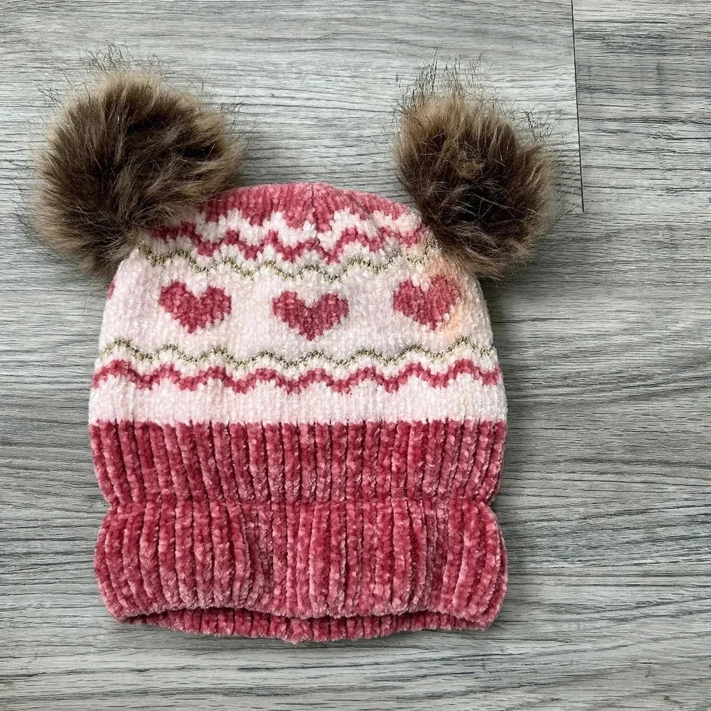 Tobys Pink and‎ White Winter Hat with Brown "Ears"